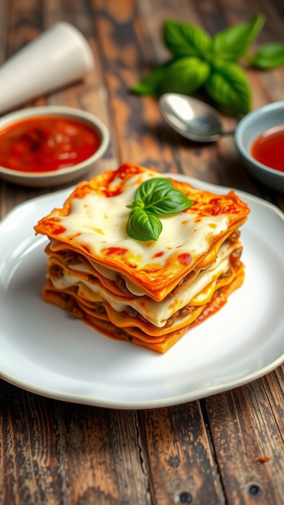 Layered classic lasagna with meat sauce, ricotta, and mozzarella on a plate, garnished with basil.